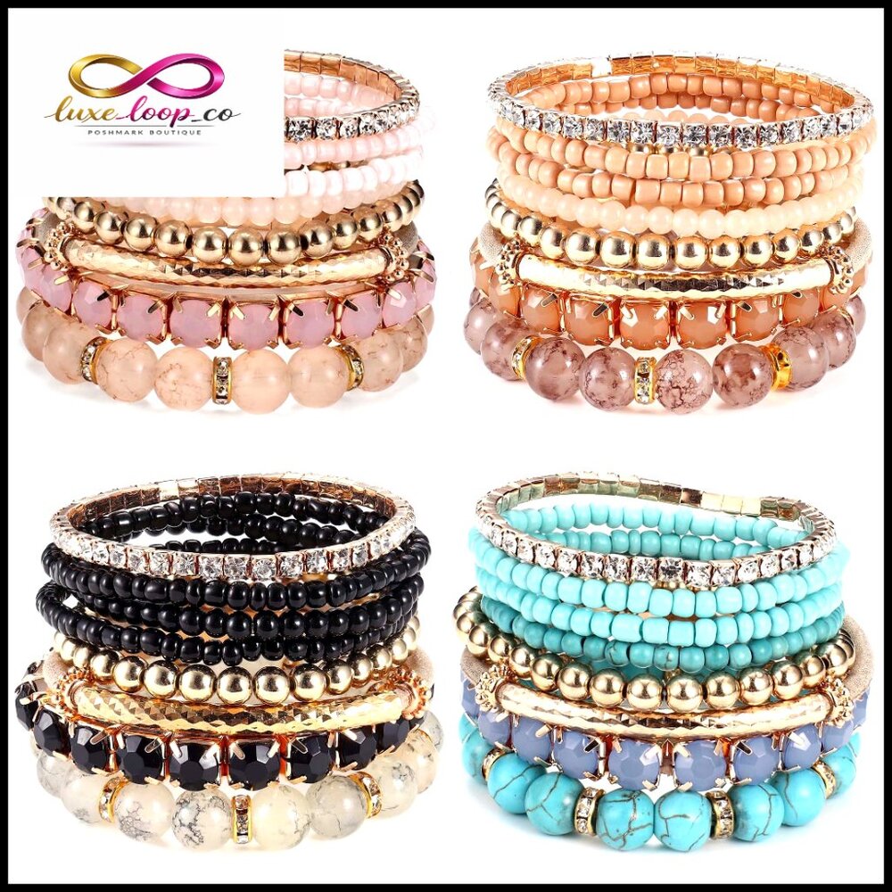 Boho Stackable Stretch Bracelets Set Natural Bead… - image 1
